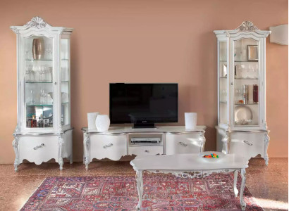 Weißes Wohnzimmer Set TV-Ständer Couchtisch 2x Vitrine Luxus Holzmöbel